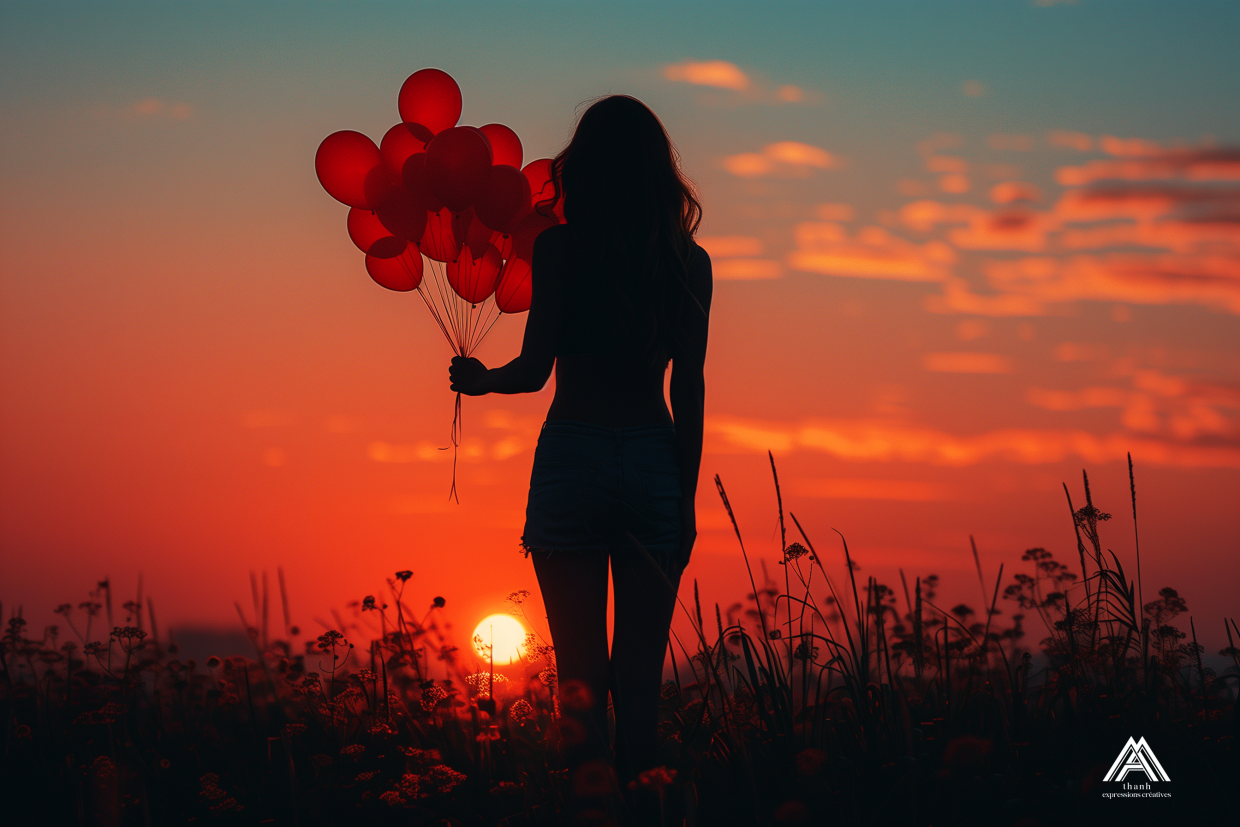 scène de coucher de soleil avec une silhouette de femme tenant des ballons