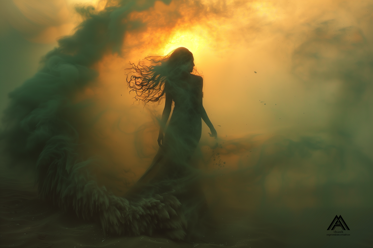 Portrait féminin dans une tempête de sable vert